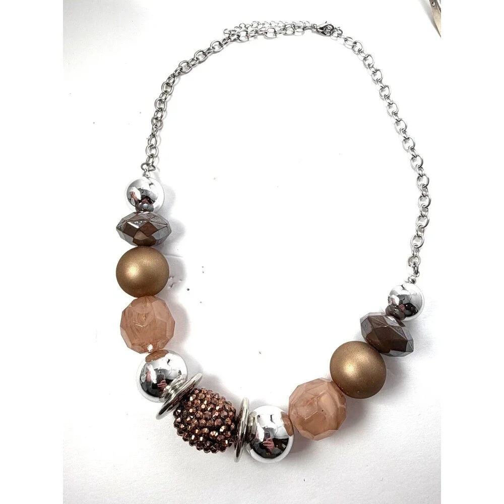 Vintage Blush Bead Necklace Rhinestone Pave Accent Gold Silver Tone 18-20